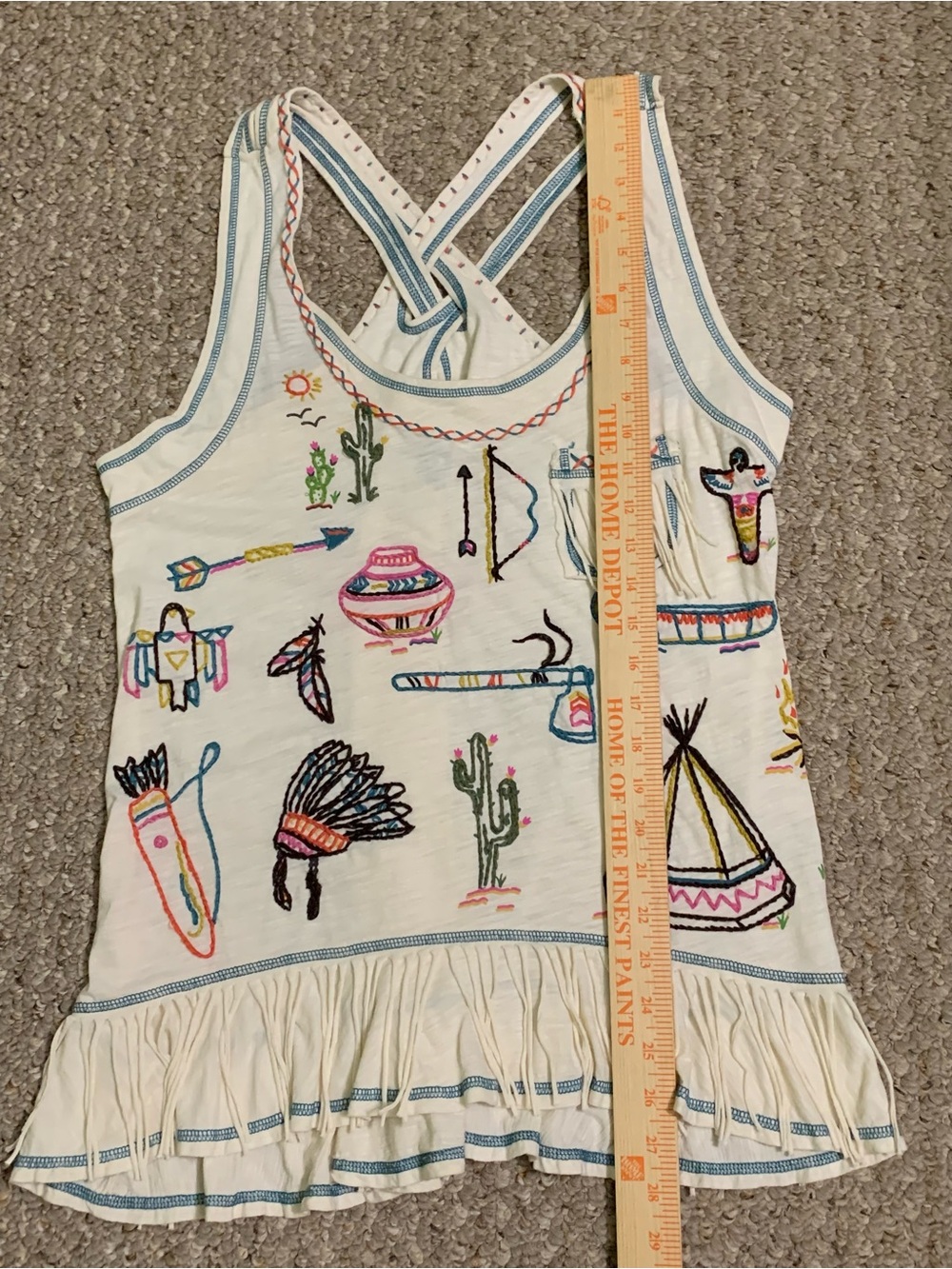Double D Ranch Cream Embroidered Fringe Tank Top - Teepee Cactus Arrows - Picture 10 of 10